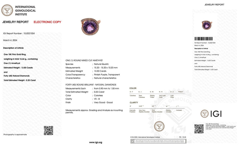 Bague 57 Bague cocktail or rose améthyste 13cts et diamants certificat IGI 58 Facettes