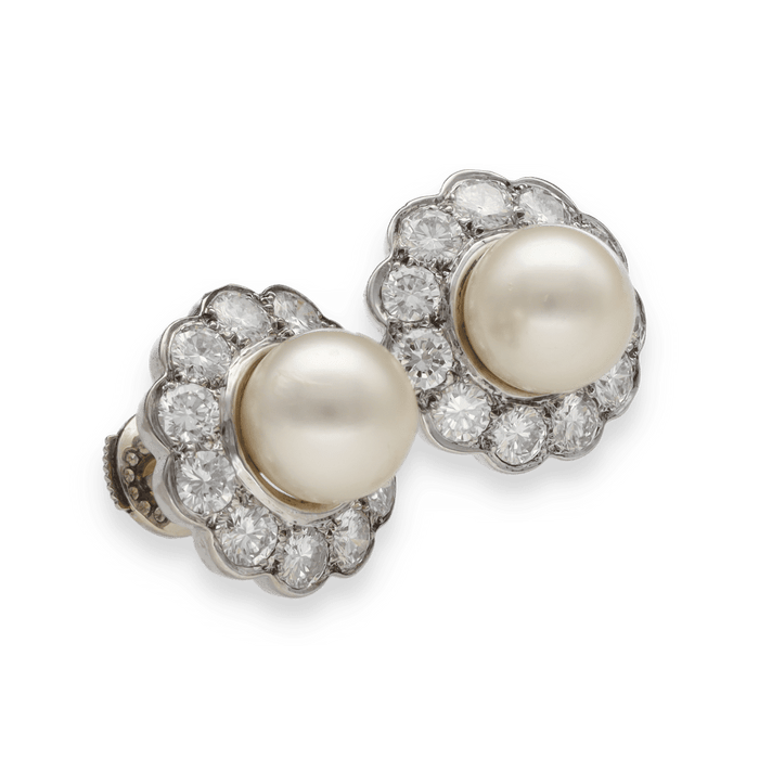 Gold earrings and platinum with diamonds and cultured pearls