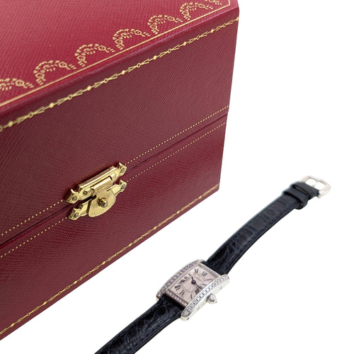 Cartier SELTEN Cartier Mini Tank Amerikanisch Weißgold-Lünette, werkseitig mit 47 Diamanten besetzt, Flinqué-Guilloché-Zifferblatt + 18k Weißgold-Schließe + Box 