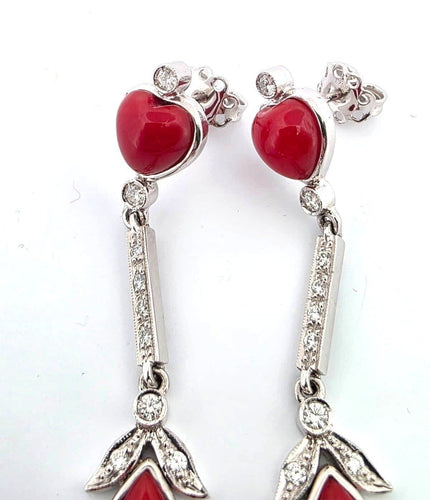 Boucles d'oreilles Boucles d'oreilles en or blanc avec corail et diamants, 1930 C 58 Facettes