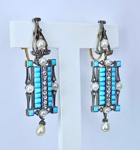 Boucles d'oreilles Boucles d’oreilles or jaune et argent, turquoises, diamants, perles fines, vers 1880 58 Facettes AB543