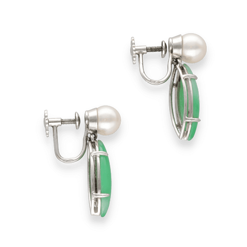 Boucles d'oreilles Boucles d'Oreilles Vers 1970 – Or Gris 18k – Jade & Perles de Culture – Oreilles Non Percées 58 Facettes FB10954