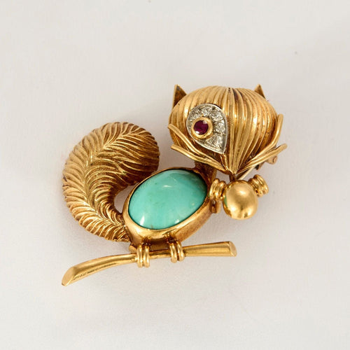 Broche Van Cleef & Arpels  Rare Broche animalière à décor d'Ecureuil en platine et or jaune, diamants, rubis et cabochon de turquoise. 58 Facettes HOU5762