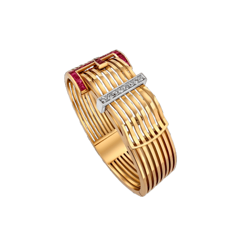 Bracelet Bracelet Art Déco portugais en or avec boucle de ceinture, rubis et diamants, vers 1920-1935. 58 Facettes A3