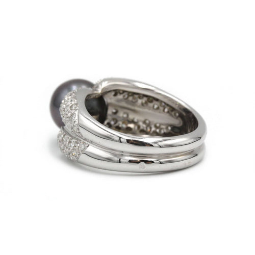 Bague 59 Bague or blanc 750 diamants environ 3 carats et perle de tahiti 58 Facettes 1237