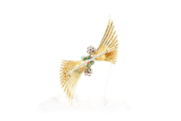 Broche années 50 or jaune,  turquoises, de rubis et de diamants (+-0.05ct) 58 Facettes 22640