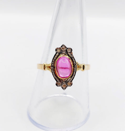 Bague marquise style Art Nouveau or jaune, cabochon de rubis synthétique et diamants taille rose 58 Facettes A05885
