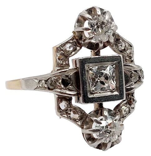 Bague 64 Bague tank Art Déco or jaune et Platine, diamants, monture géométrique (circa 1920) 58 Facettes A05582