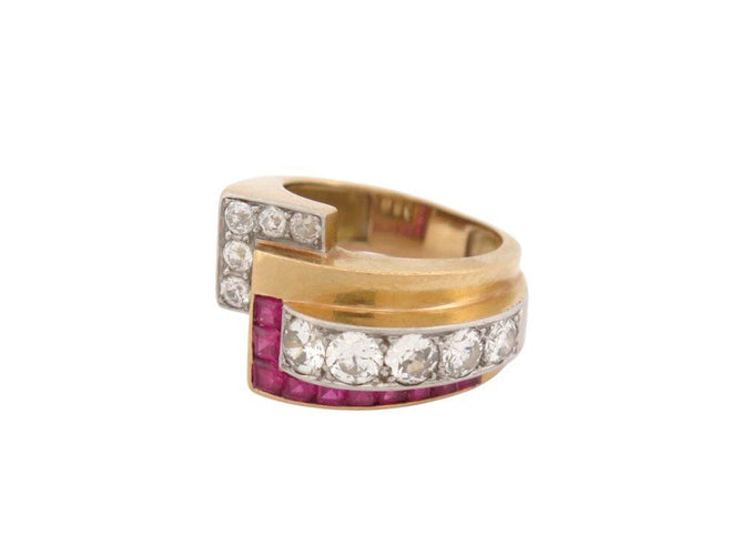Bague 50 bague tank art deco sertie diamants 1.1ct rubis t50 en or jaune platine 8gr 58 Facettes 269295