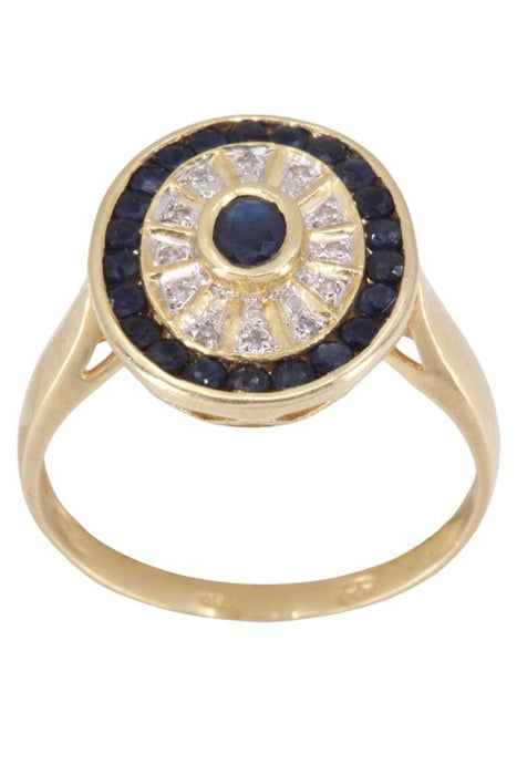 Modern yellow gold ring with sapphires and diamonds