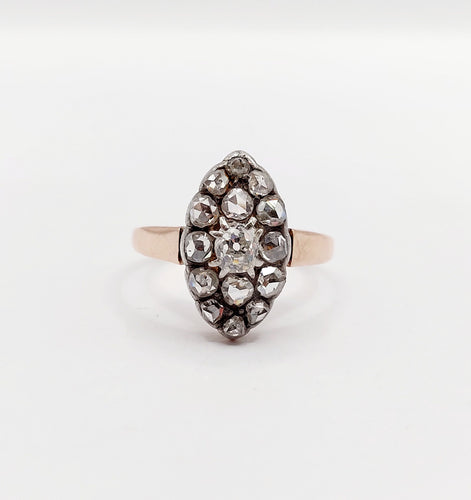 Bague 54 Bague marquise antique en or rose 18k et argent, diamant et diamants roses 58 Facettes A06417