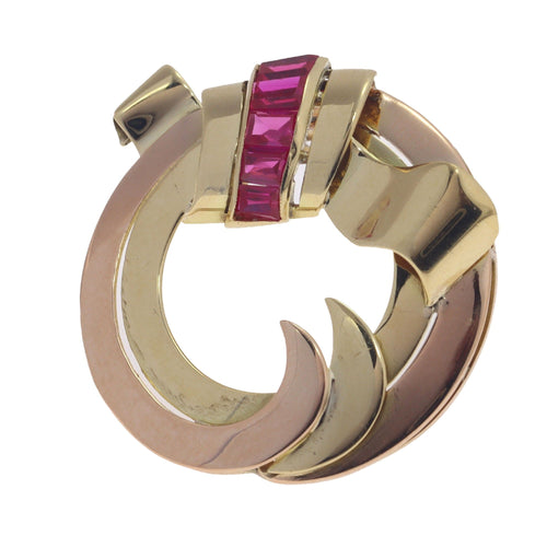 Broche Broche vintage rétro en or bicolore 18 carats sertie de rubis 58 Facettes 22166-0003