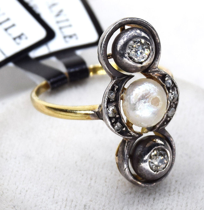 Bague 53 Anello epoca vittoriana oro, argento, perla, diamanti 58 Facettes