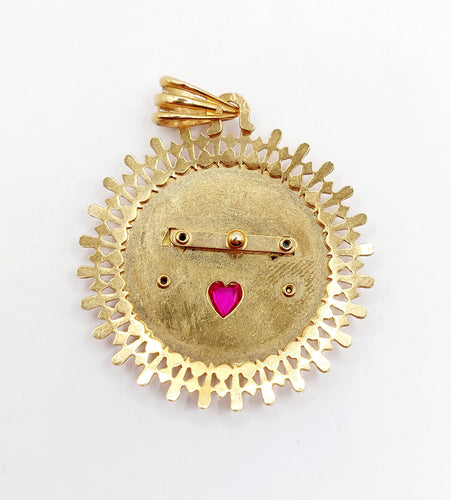 Pendentif Pendentif médaille d'amour or rose, angelots articulés "Il Bat Pour Toi" et rubis synthétique 58 Facettes A05878