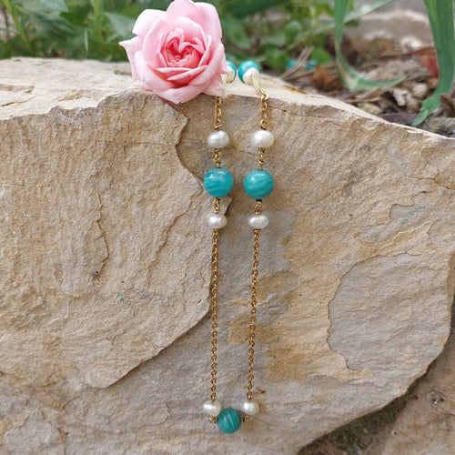 Collier Sautoir « azuria », amazonite, perles et or 58 Facettes 75