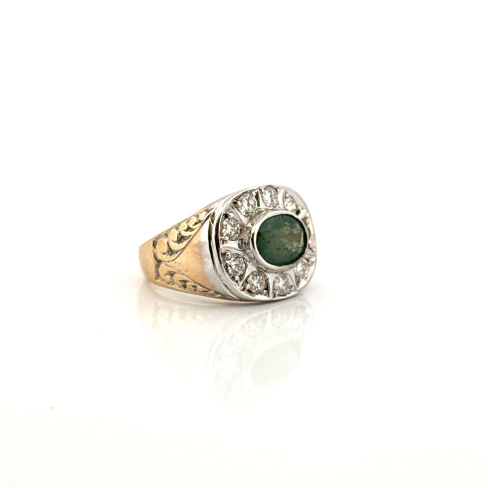 Vintage two-tone gold signet ring, emerald diamonds
