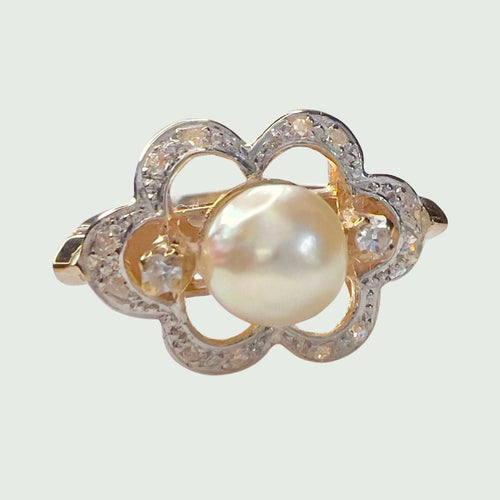 Bague SORTIJA DE DISEÑO ART DECO ÉPOCA 1930- 1935 de ORO 18 kts con DIAMANTES s y PERLA de cultivo. 58 Facettes Q988A