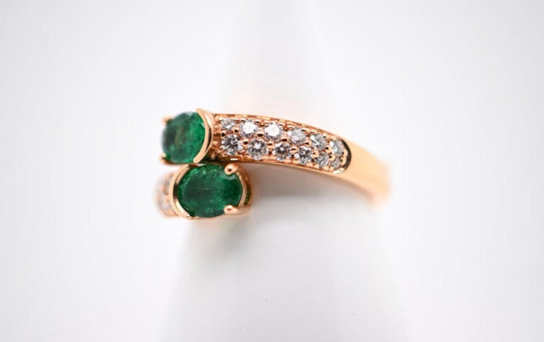 Bague 54 Duo Ring of Emeralds and Diamonds Pink Gold 58 Facettes