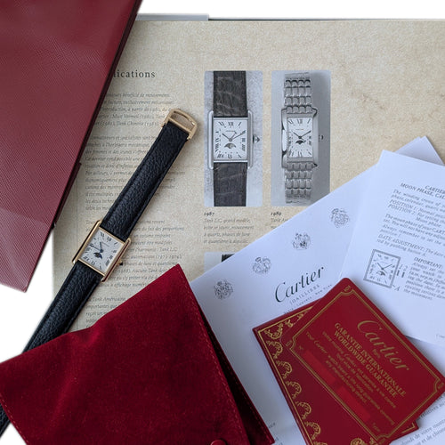 Montre Cartier Tank Louis Cartier Moonphase Calendar Date 819001 Large GM 18k Gold Folding Clasp Papers 58 Facettes