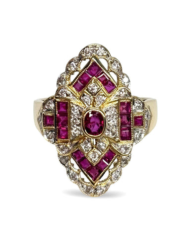 Bague 58 Bague ancienne or jaune, rubis et diamants 58 Facettes 881