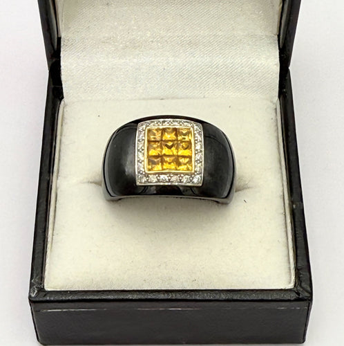 Bague 54 GUY LAROCHE - Bague en céramique noire avec citrine et diamant 58 Facettes