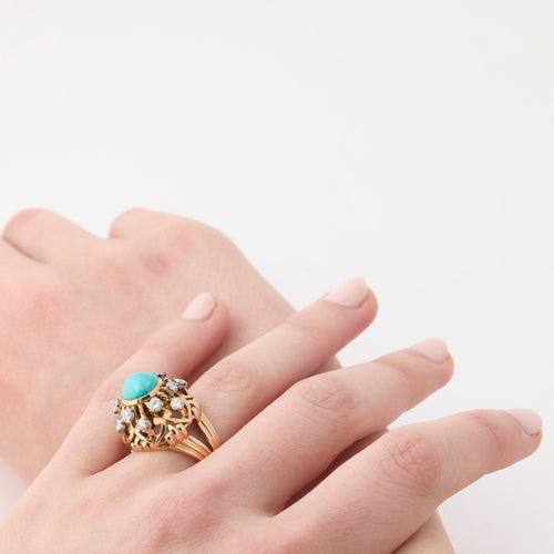 Bague 53 Bague Rétro Dôme Or Jaune Turquoise Diamants 58 Facettes