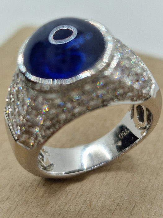 Saphir-Cabochon-Ring im Trombino-Stil, Weißgold und Diamanten