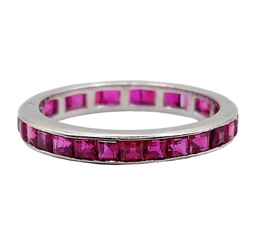 Bague 51 Alliance américaine art déco en or blanc et rubis calibrés synthétiques 58 Facettes A05493