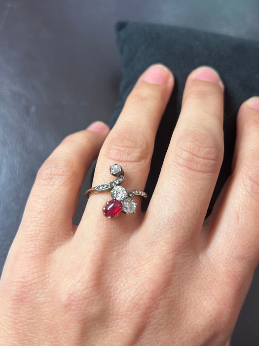 Two-tone gold, diamond and ruby ring