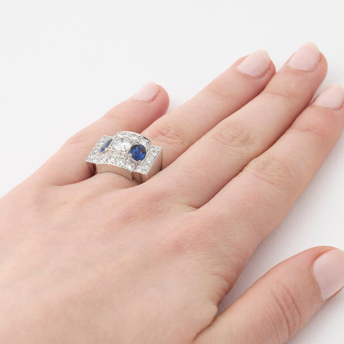 Bague 53 Bague Tank Art Déco Platine Saphirs Diamants 58 Facettes