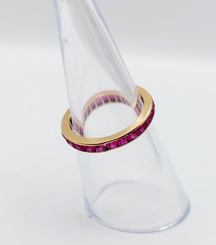 Vigselring amerikansk Art Deco roséguld, syntetiska kalibrerade rubiner 