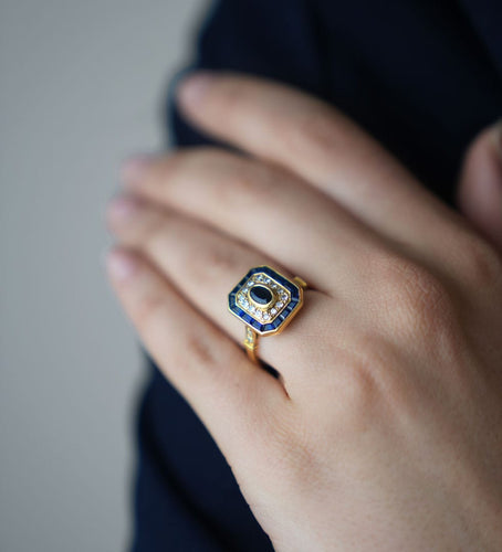 Bague 53 Bague Octogonale en or jaune, saphir et diamants 58 Facettes