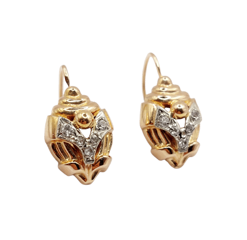 Boucles d'oreilles Dormeuses art déco en or rose 18k et pierres blanches (circa 1940) 58 Facettes A06470