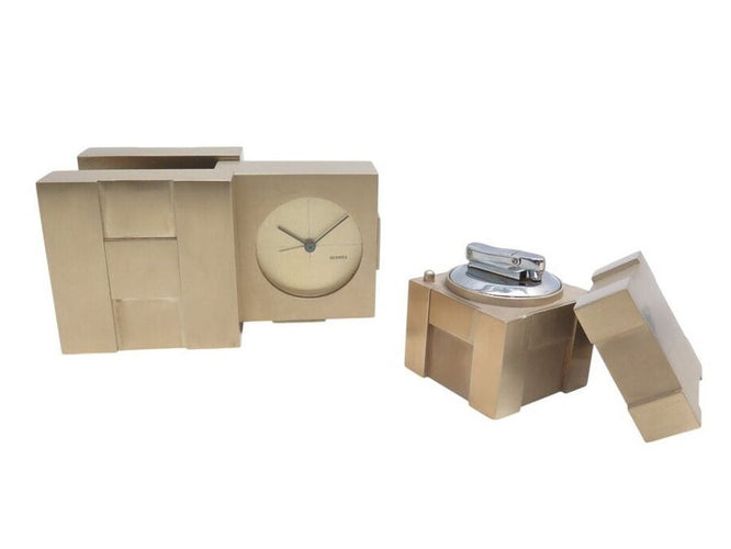 Montre vintage set HERMES pendule + briquet de table cubique plaque or clock & lighter 58 Facettes 267300
