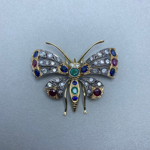 Broche Broche en or jaune argent diamants pierres de couleurs 58 Facettes