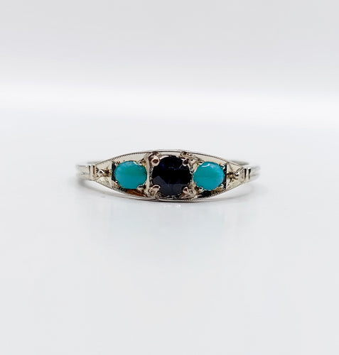 Kousenbandring art deco witgoud 18k natuurlijke saffier en turkoois (circa 1920) 