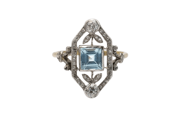 Bague 55 Bague Art Déco en or jaune et platine, ornée d'aigue-marine et de diamants, Grande-Bretagne 58 Facettes 9831