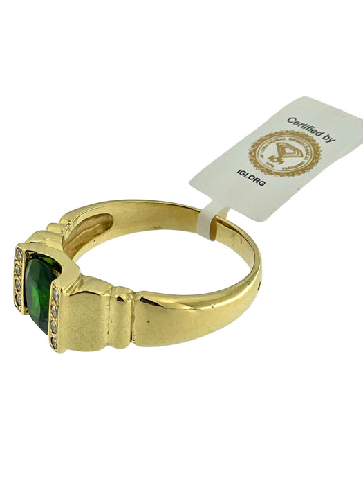 Geelgouden ring met diamanten en groene diopsiet