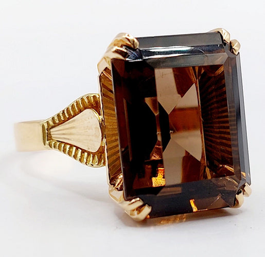 Bague 55.5 Bague cocktail vintage or rose quartz fumé, art déco 58 Facettes B01000