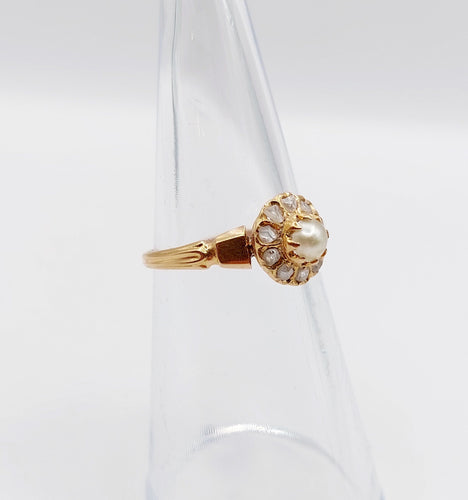 Bague 48.5 Bague marguerite antique or rose 18k perle et diamants taille roses (circa 1900) 58 Facettes A06176
