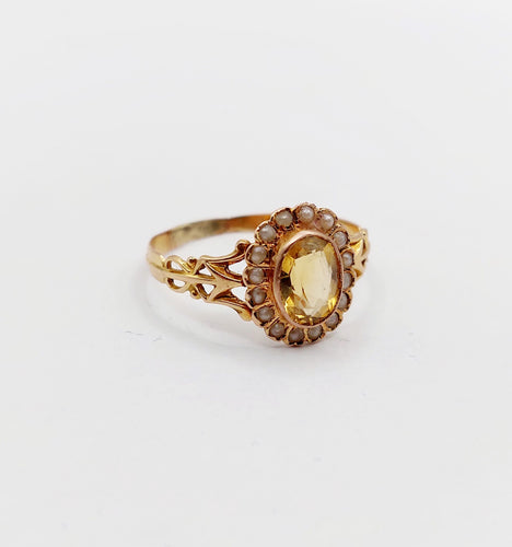 Bague marguerite antique citrine et perles en or rose 18k (circa 1900)