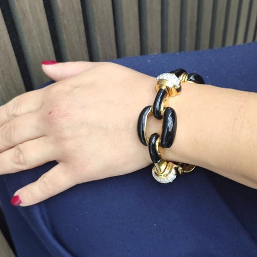 Bracelet David Webb - Bracelet à mailles en or jaune 18k, smalto nero et diamants 58 Facettes BR112