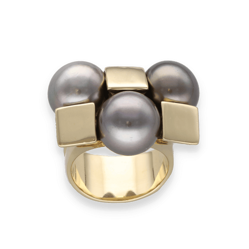 Bague 56 Bague Tank Moderne – Or Jaune 18k – 3 Perles Grises Mers du Sud 11.6 mm – Taille 56 58 Facettes FB10901