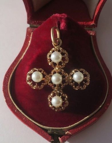 Collier Croix or rose perles XIXe 58 Facettes