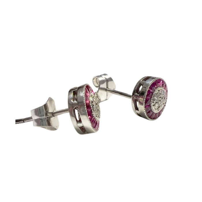 Boucles d'oreilles Pendientes estilo Art Déco ojo de perdriz de oro blanco, rubies y diamantes con certificado HRD 58 Facettes Q31B