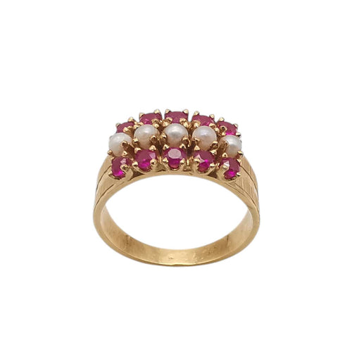Anel de ouro amarelo, pérolas e rubis 