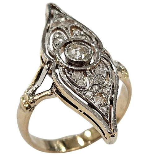 Bague 51 Bague navette Art déco diamants taille rose et hollandaise en or jaune et platine 58 Facettes E43