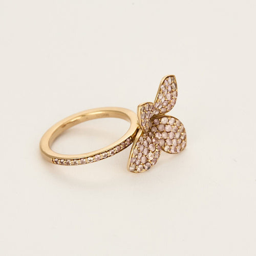 Blomster-ring i gult guld og lyserøde sten 