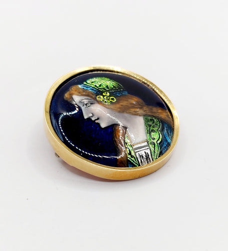 Broche Broche Art Nouveau Limoges or jaune, plaque émaillée à la jeune fille (circa 1900) 58 Facettes A06388