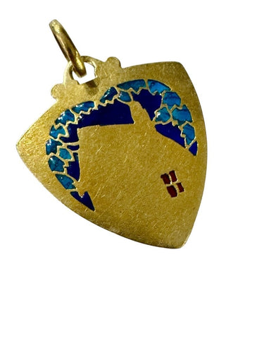 Pendentif Médaille d'Amour- une Chaumière et un Coeur, or et émail 58 Facettes